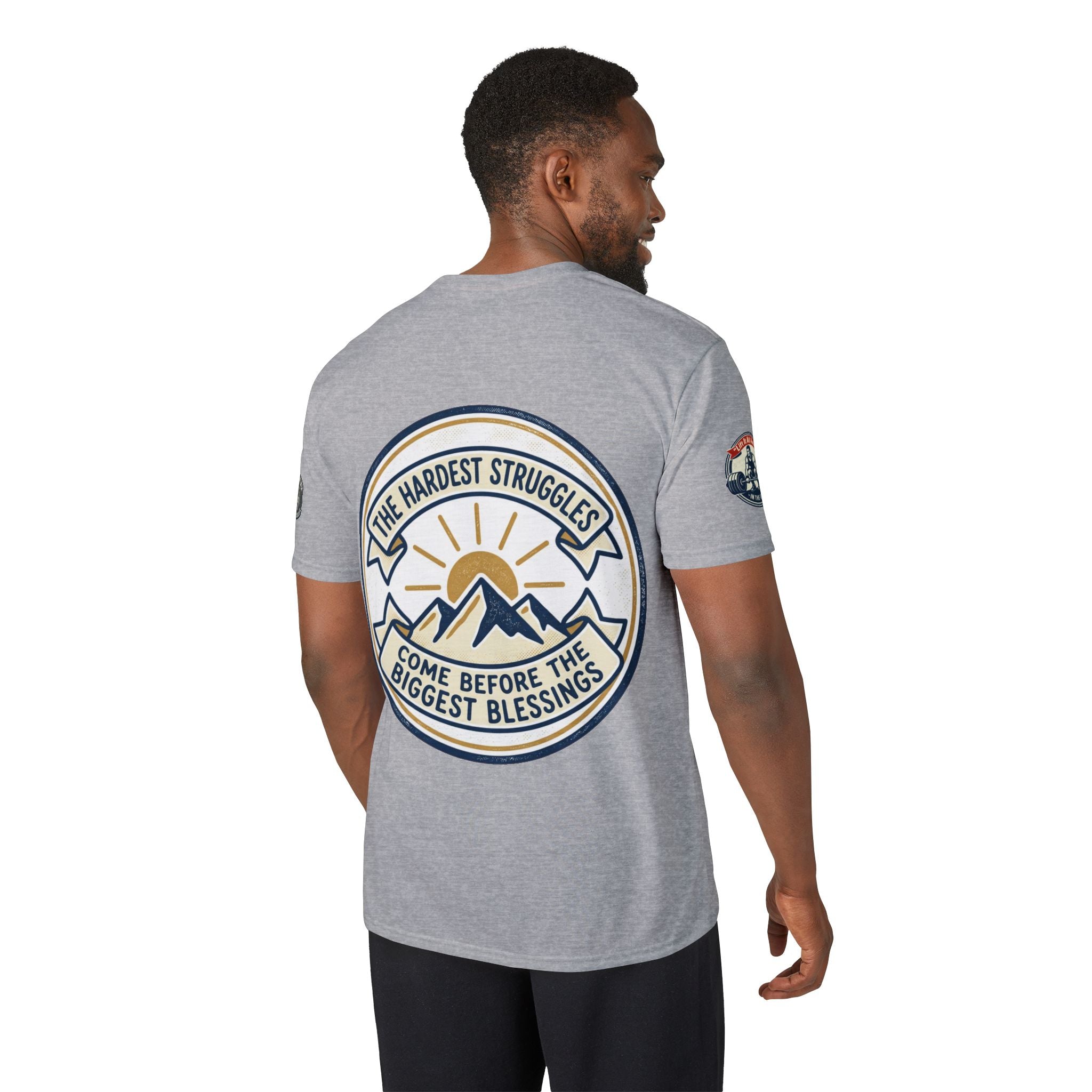 Performance T-Shirt — "Kline Strong" Fitness Tee with Motivational Back Patch: "The Hardest Struggles Come Before The Biggest Blessings"