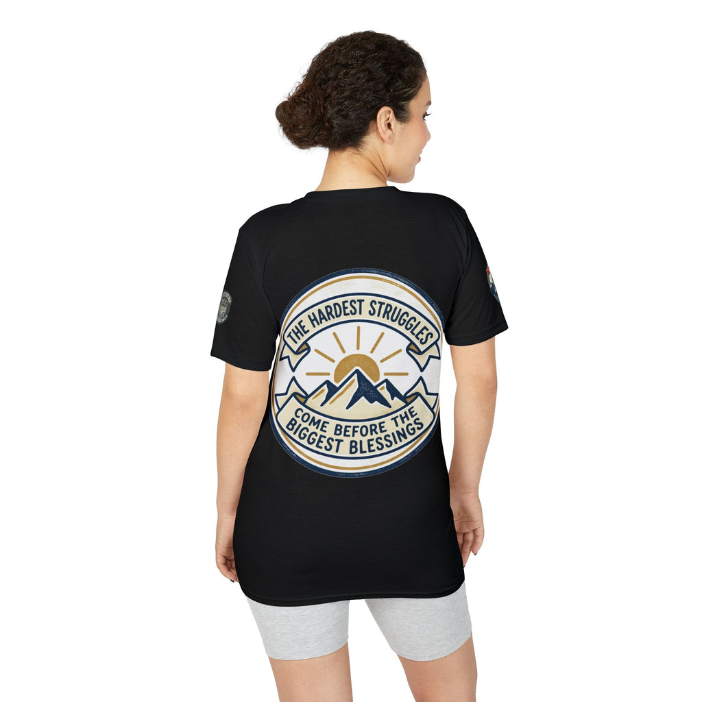Performance T-Shirt — "Kline Strong" Fitness Tee with Motivational Back Patch: "The Hardest Struggles Come Before The Biggest Blessings"