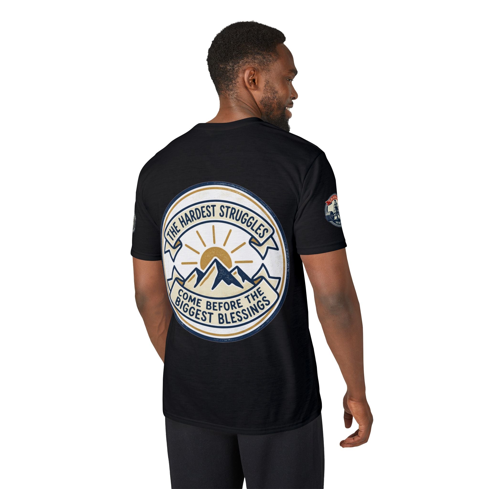 Performance T-Shirt — "Kline Strong" Fitness Tee with Motivational Back Patch: "The Hardest Struggles Come Before The Biggest Blessings"