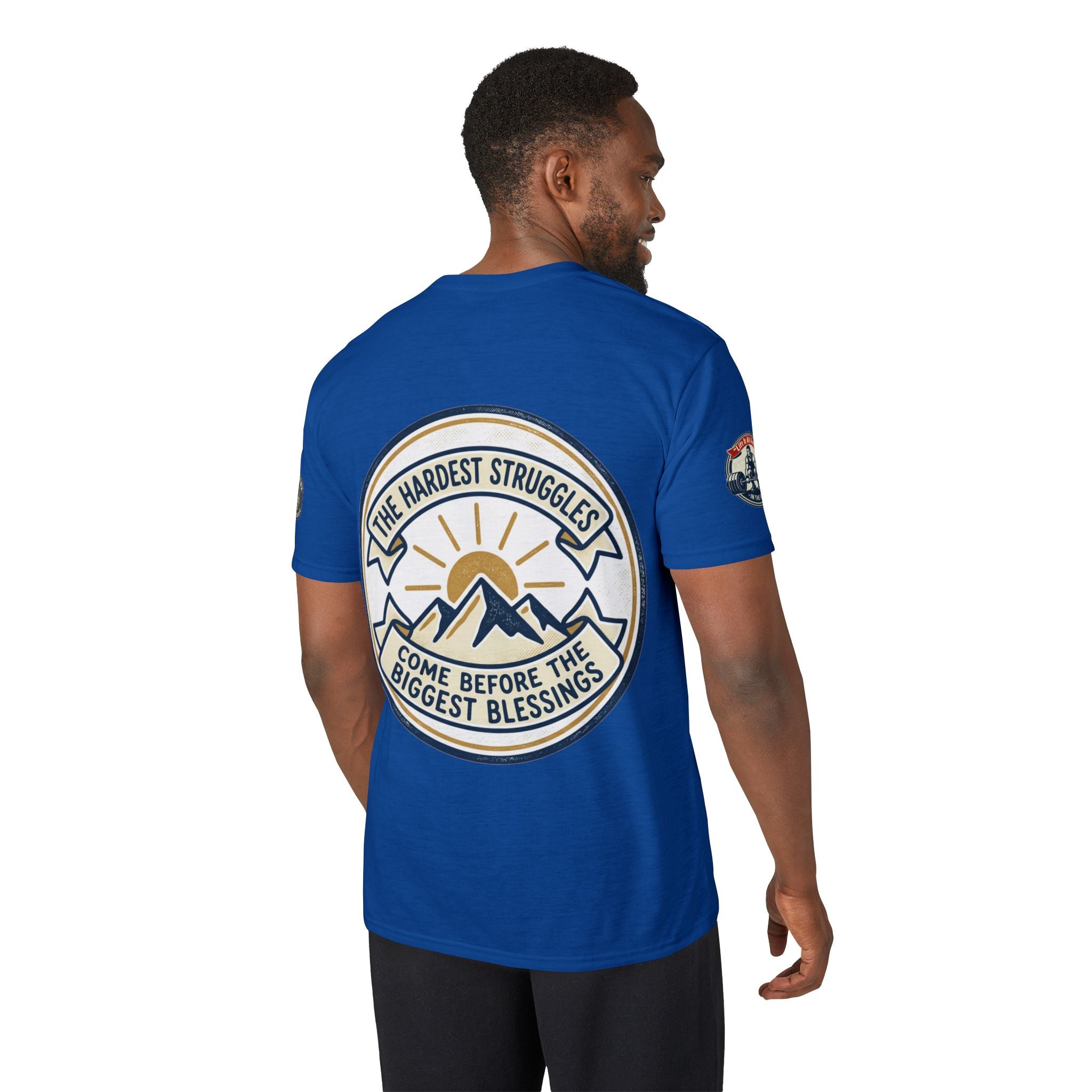 Performance T-Shirt — "Kline Strong" Fitness Tee with Motivational Back Patch: "The Hardest Struggles Come Before The Biggest Blessings"
