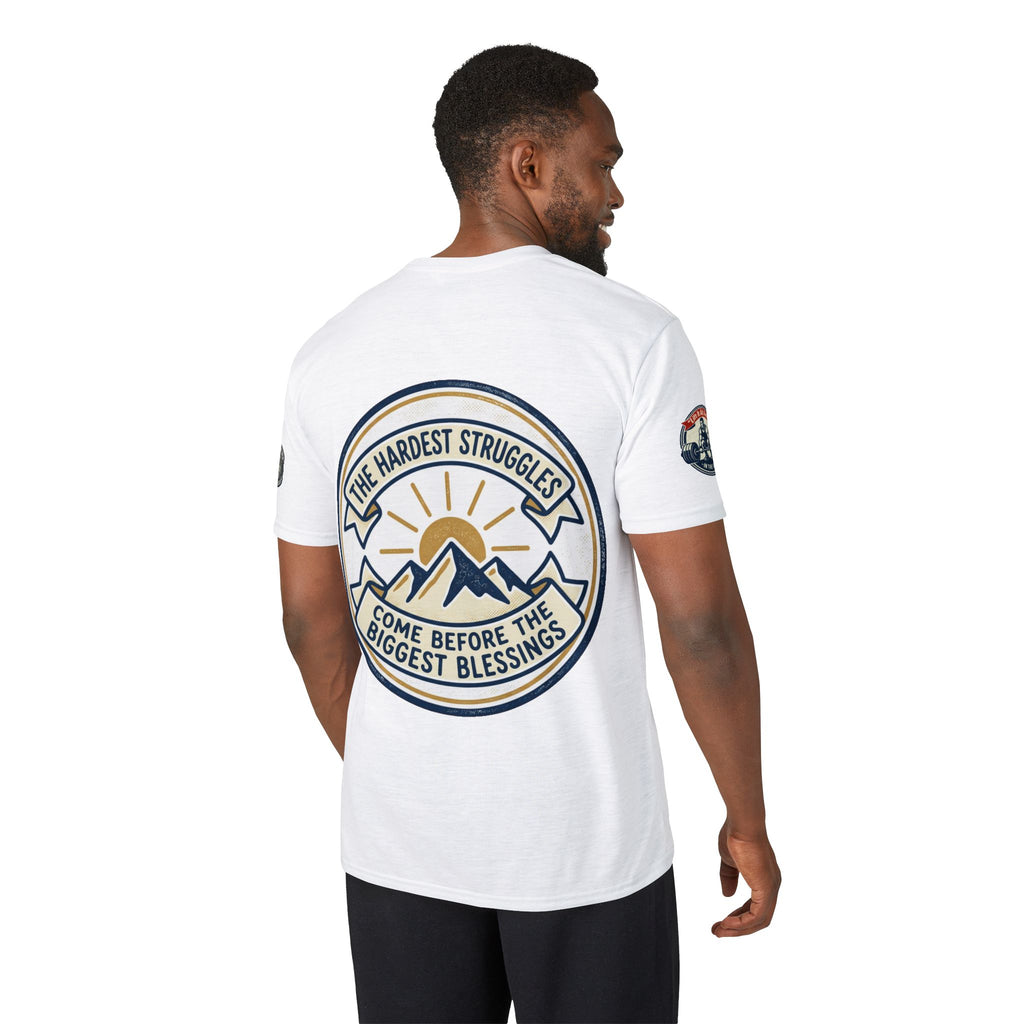 Performance T-Shirt — "Kline Strong" Fitness Tee with Motivational Back Patch: "The Hardest Struggles Come Before The Biggest Blessings"