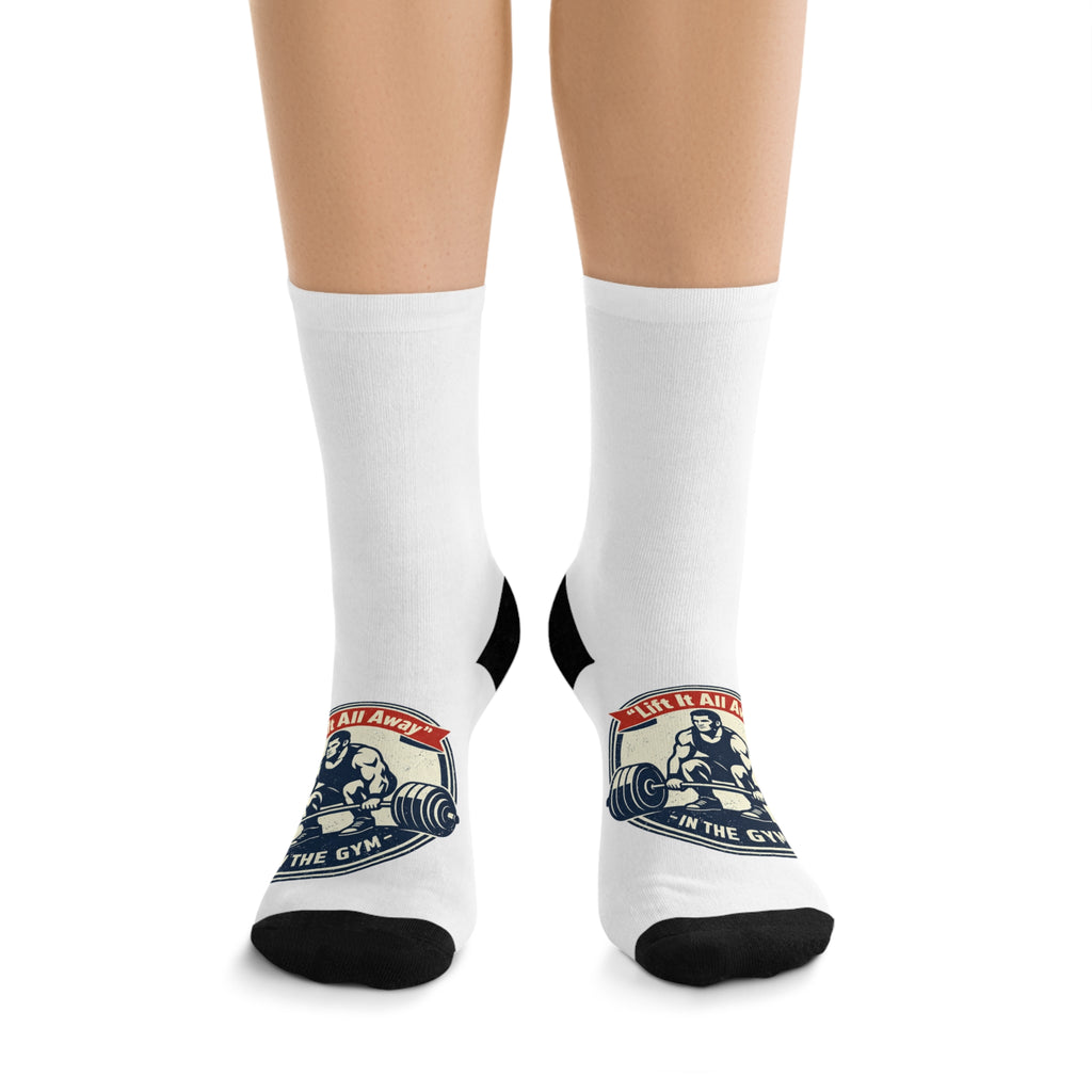 Gym Motivation Socks — "Lift Half, Lift All" Recycled Poly Athletic Crew Socks