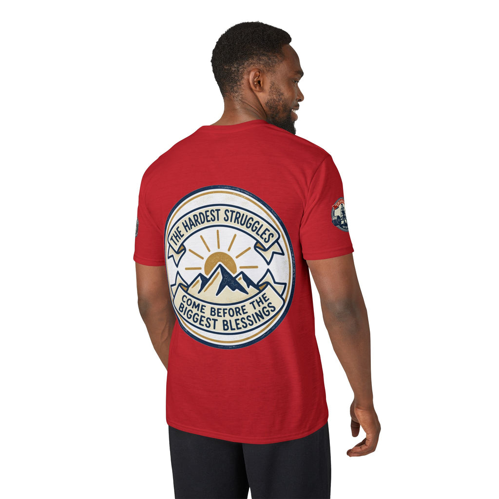 Performance T-Shirt — "Kline Strong" Fitness Tee with Motivational Back Patch: "The Hardest Struggles Come Before The Biggest Blessings"