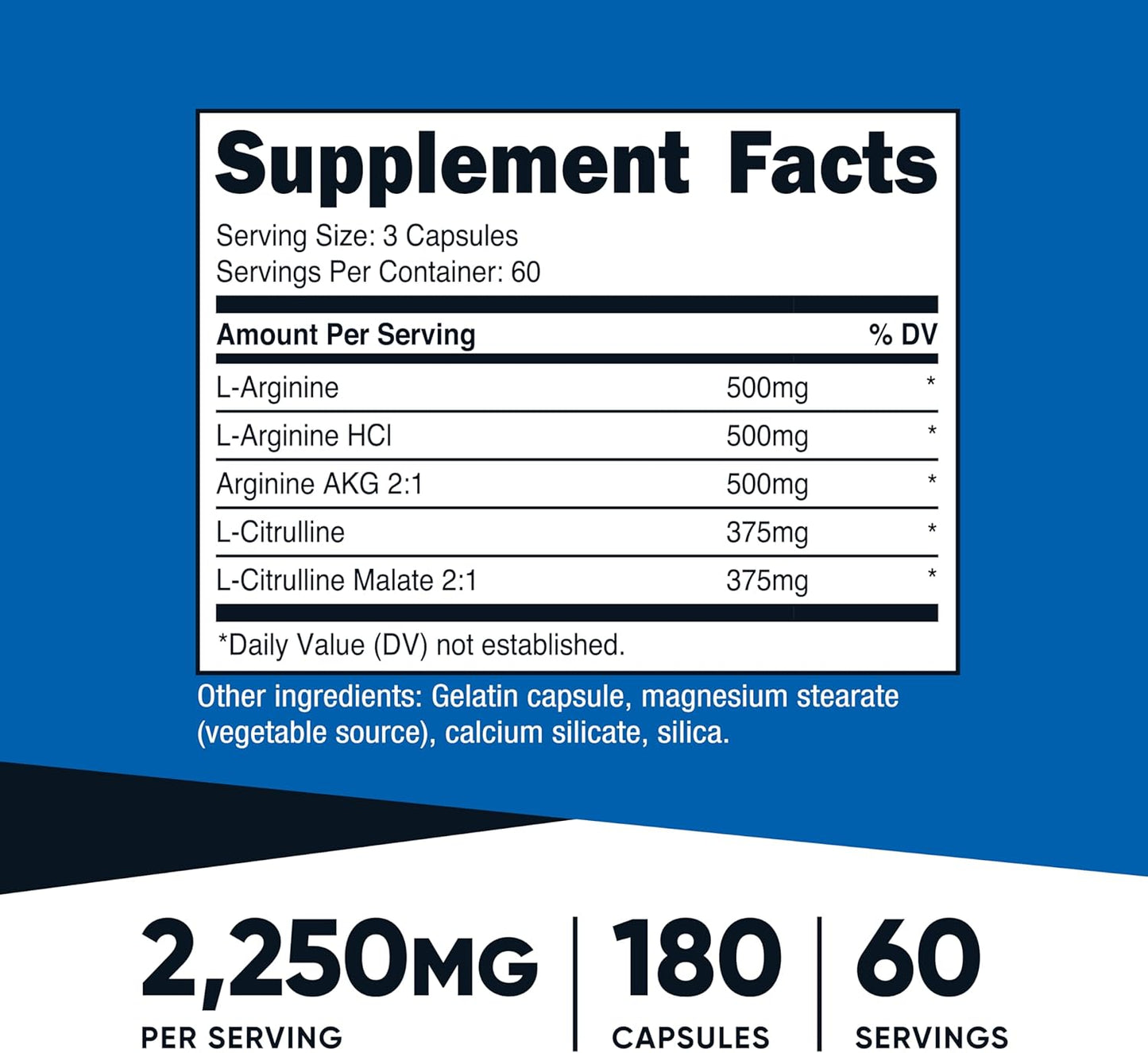 Nutricost Nitric Oxide Booster 2250mg, 180 Capsules, Gluten Free | 750mg Per Casule, 60 Servings, GMO-Free