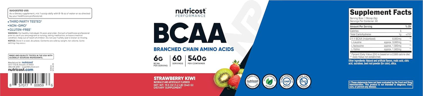 Nutricost BCAA Powder (Strawberry Kiwi, 90 Servings) - Optimal 2:1:1 Ratio