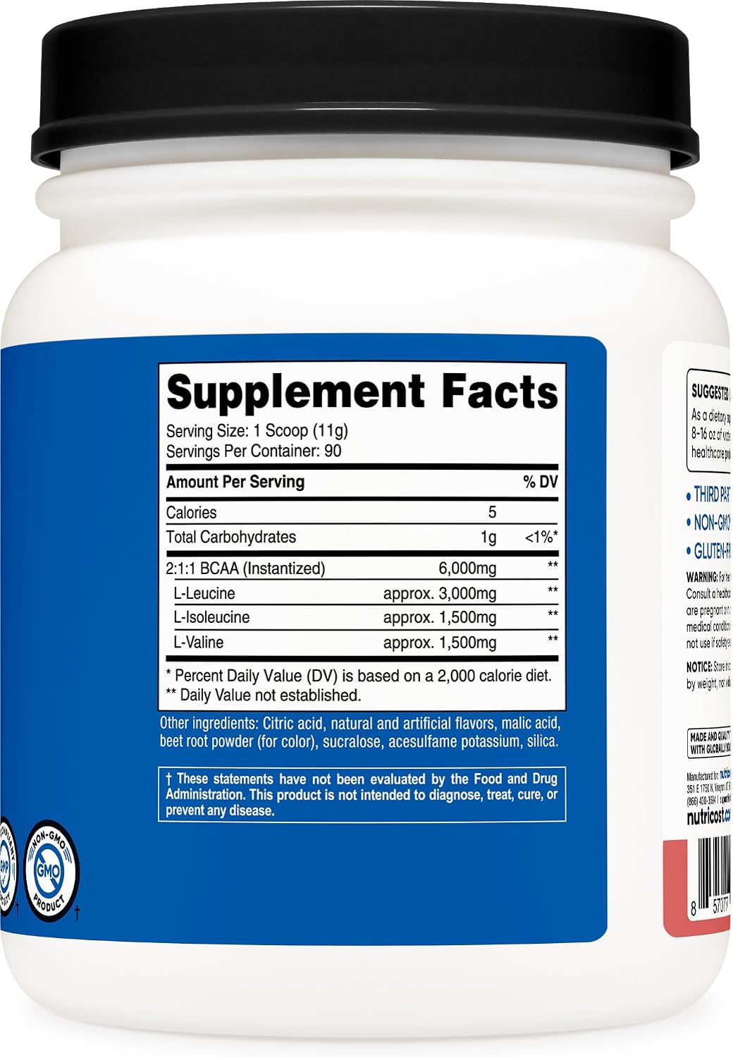 Nutricost BCAA Powder (Strawberry Kiwi, 90 Servings) - Optimal 2:1:1 Ratio