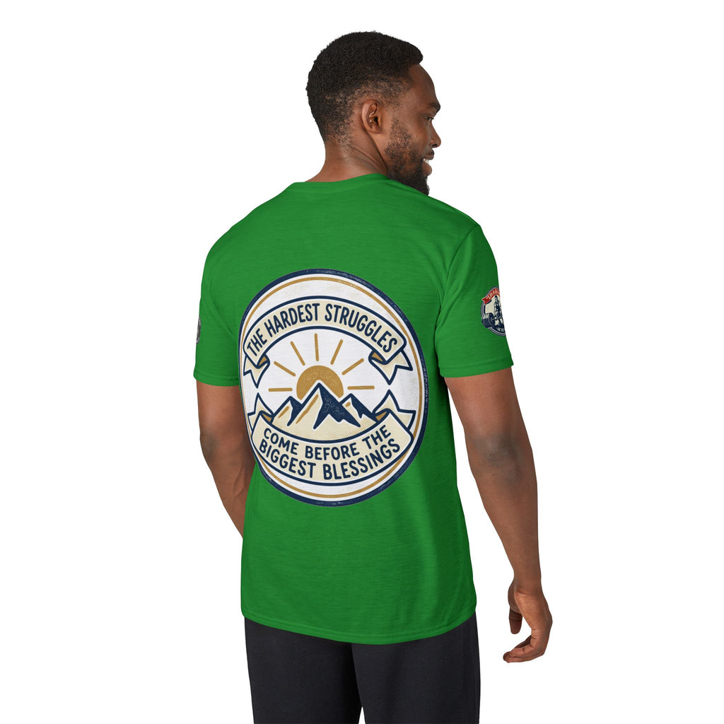 Performance T-Shirt — "Kline Strong" Fitness Tee with Motivational Back Patch: "The Hardest Struggles Come Before The Biggest Blessings"