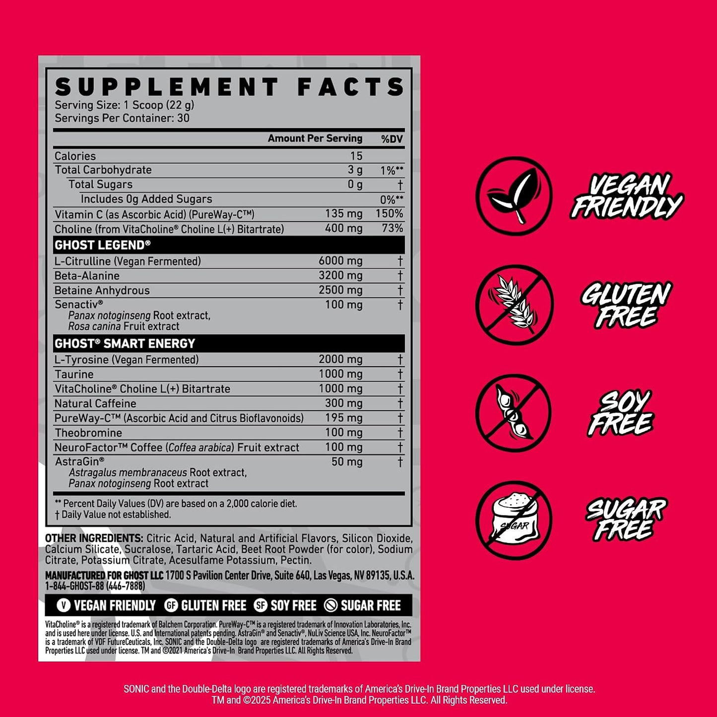 GHOST Legend Pre-Workout Powder, Sonic Cherry Limeade, 30 Servings | Pre-Workout with 300MG Caffeine, L-Citrulline, & Beta Alanine - Energy & Focus for Men & Women - Free of Soy, Sugar, & Gluten