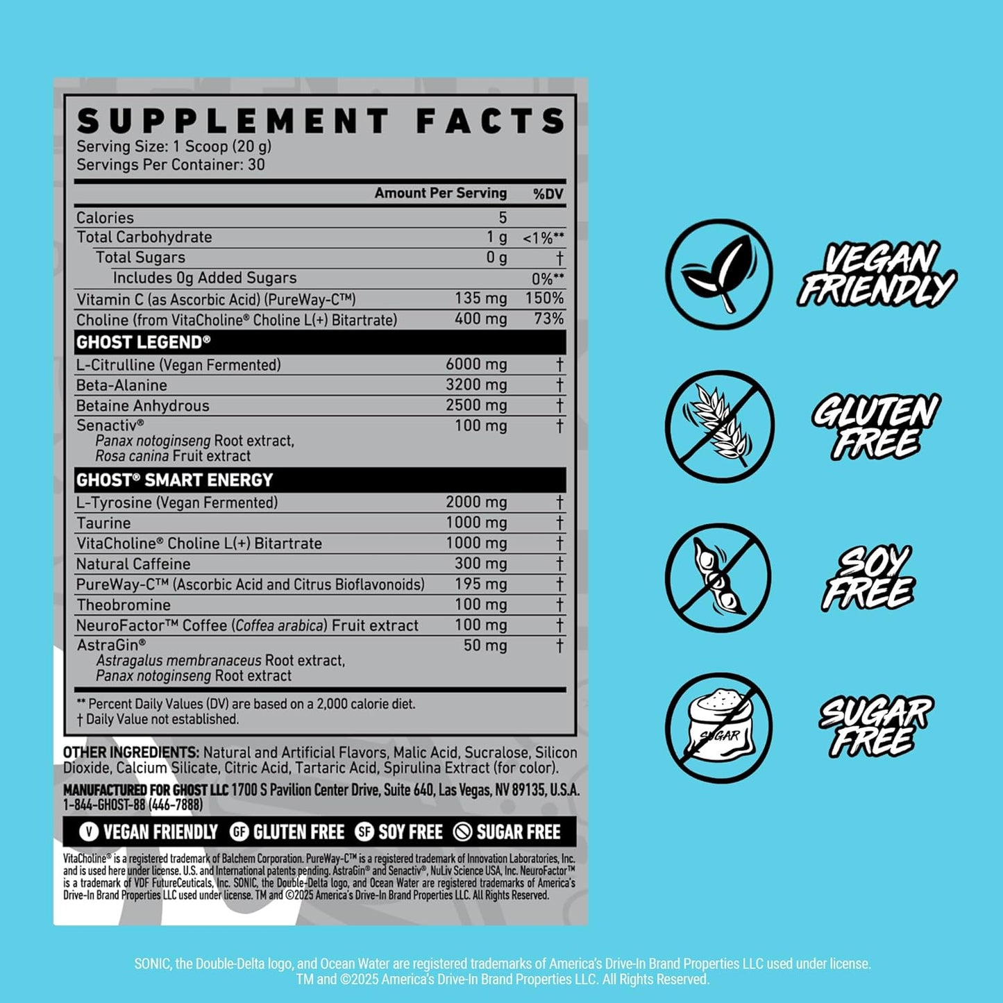 GHOST Legend Pre-Workout Powder, Sonic Cherry Limeade, 30 Servings | Pre-Workout with 300MG Caffeine, L-Citrulline, & Beta Alanine - Energy & Focus for Men & Women - Free of Soy, Sugar, & Gluten