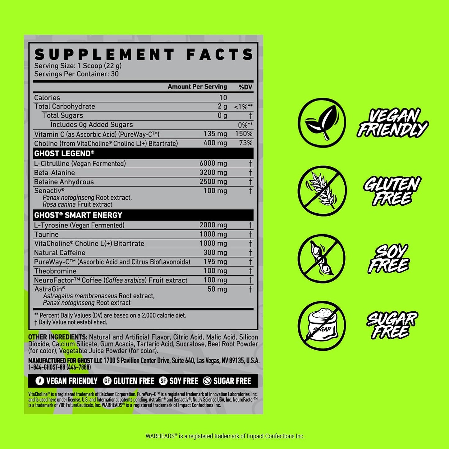 GHOST Legend Pre-Workout Powder, Sonic Cherry Limeade, 30 Servings | Pre-Workout with 300MG Caffeine, L-Citrulline, & Beta Alanine - Energy & Focus for Men & Women - Free of Soy, Sugar, & Gluten