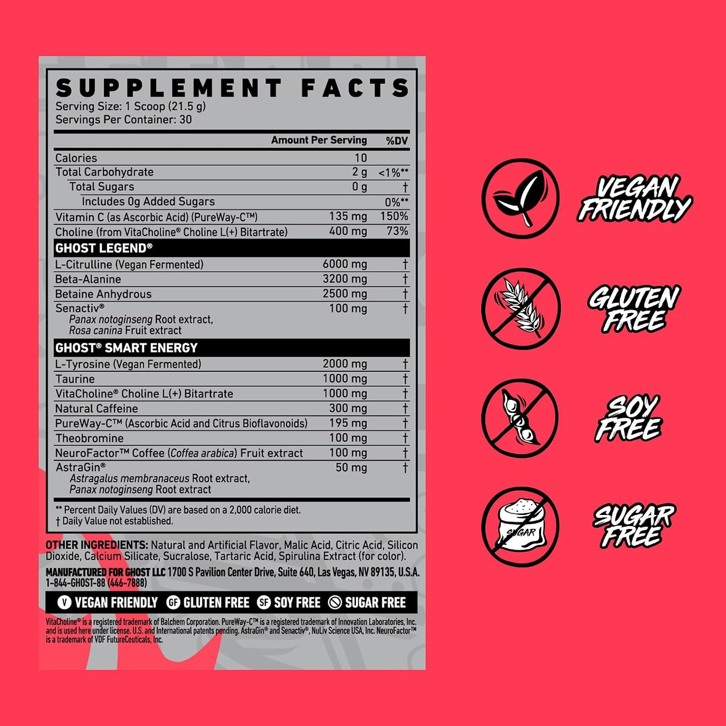 GHOST Legend Pre-Workout Powder, Sonic Cherry Limeade, 30 Servings | Pre-Workout with 300MG Caffeine, L-Citrulline, & Beta Alanine - Energy & Focus for Men & Women - Free of Soy, Sugar, & Gluten